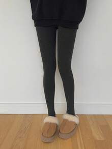 DAZY 女士保暖内衬紧身裤，修身卡通腿部设计，防滑，秋冬女士羊毛紧身裤 - 深灰色 - 查看 4