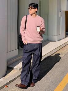 DAZY كنزة صوفية رجالية بياقة طاقم بلون توت عنبي، خريف/شتاء