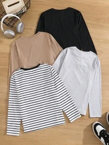 SHEIN 4件套男童休闲条纹骑士图案长袖T恤，基础款T恤，上衣套装，街头风，冬季，秋季，儿童服装，长袖秋季上衣