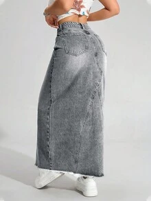 SHEIN ICON 大码女式复古水洗牛仔裙，秋冬 - 淺灰色 - 查看 2
