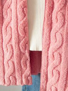 Sparklyn 青少年女孩休闲百搭百搭家居服和学校日常穿着粗条纹毛茸茸领子前开中长款秋冬夹克 - 藕粉色 - 查看 4