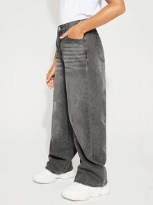 Radiana Tween 女童 Y2K 时尚复古水洗高腰猫须水洗宽松直筒牛仔裤，Tween 女童秋冬装返校街头服饰 - 灰色 - 查看 5