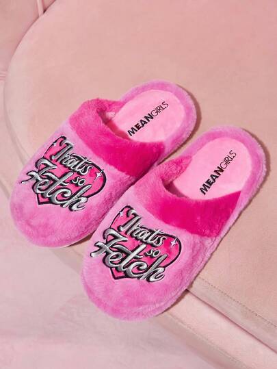 Mean Girls X SHEIN Pantofole da donna alla moda e carine con ricamo argento, antiscivolo per interni, morbide pantofole rosa in pelliccia sintetica calde per l'inverno, suola durevole, adatte per casa, camera da letto, stanze climatizzate in primavera e autunno