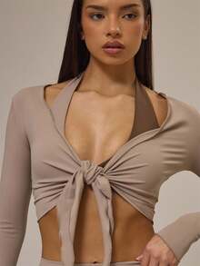 Musera Sport Tie Front Fitted Cropped Long Sleeve Ballet Top Gym Active Sports Workout Cinnamon Swirl - Khaki - View 2