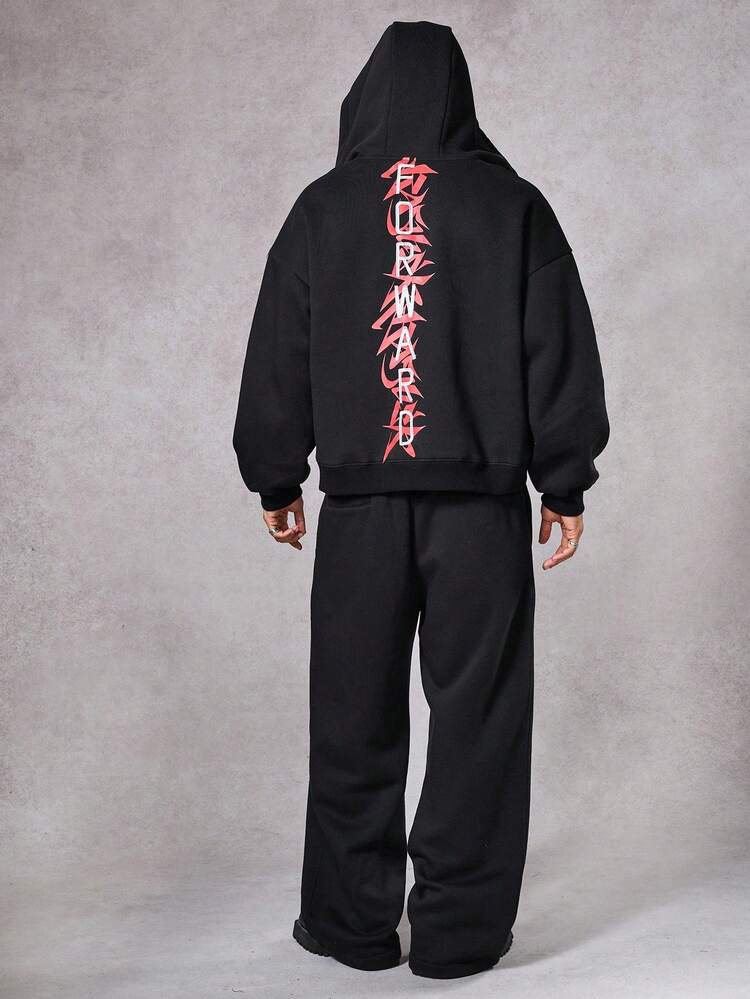 Gothic Letter Print Black Street Style Fleece Hoodie Set For Men, Autumn/Winter