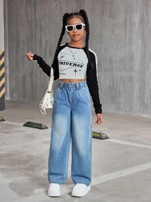 青少年女孩宽松水洗蓝色牛仔阔腿牛仔裤，休闲百搭，适合日常穿着和上学 - 中等水洗藍 - 查看 1