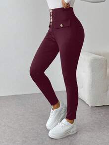 EMERY ROSE Women's Casual Solid Color Slim Fit Pants - Red Violet - View 6