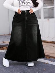 SHEIN CURVE+ Fustă maxi din denim, casual, mărime plus, potrivită pentru vară, Curve Plus, Hoho Vacation