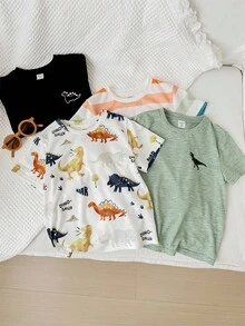 SHEIN 4pcs Baby Boy/Girl Colorful Striped Cartoon Dinosaur Pattern Soft Knit Crew Neck Short Sleeve Tops, Suitable For Spring/Summer Vacation & Outdoor Play