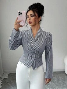 Selianne 休闲商务通勤简约条纹收腰长袖女式衬衫 - 彩色 - 查看 4