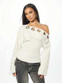 SUMWON WOMEN Off Shoulder Eyelet Detail Long Sleeve Jersey Top With Drawstring Sleeves - White - View 4
