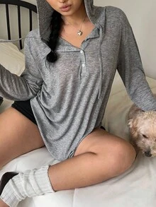 Vibekara 休闲优雅简约连帽宽松修身套头打底 T 恤，加大码女款，秋冬 - 灰色 - 查看 4