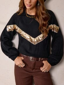LanaWest Women's Casual Vacation Western Cowgirl Style Sequin Patchwork Raglan Sleeve Sweater, Autumn - Black - View 7