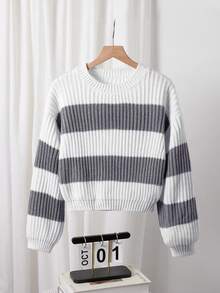 Sparklyn 青少年女孩条纹图案圆领休闲长袖套头毛衣 - 彩色 - 查看 1