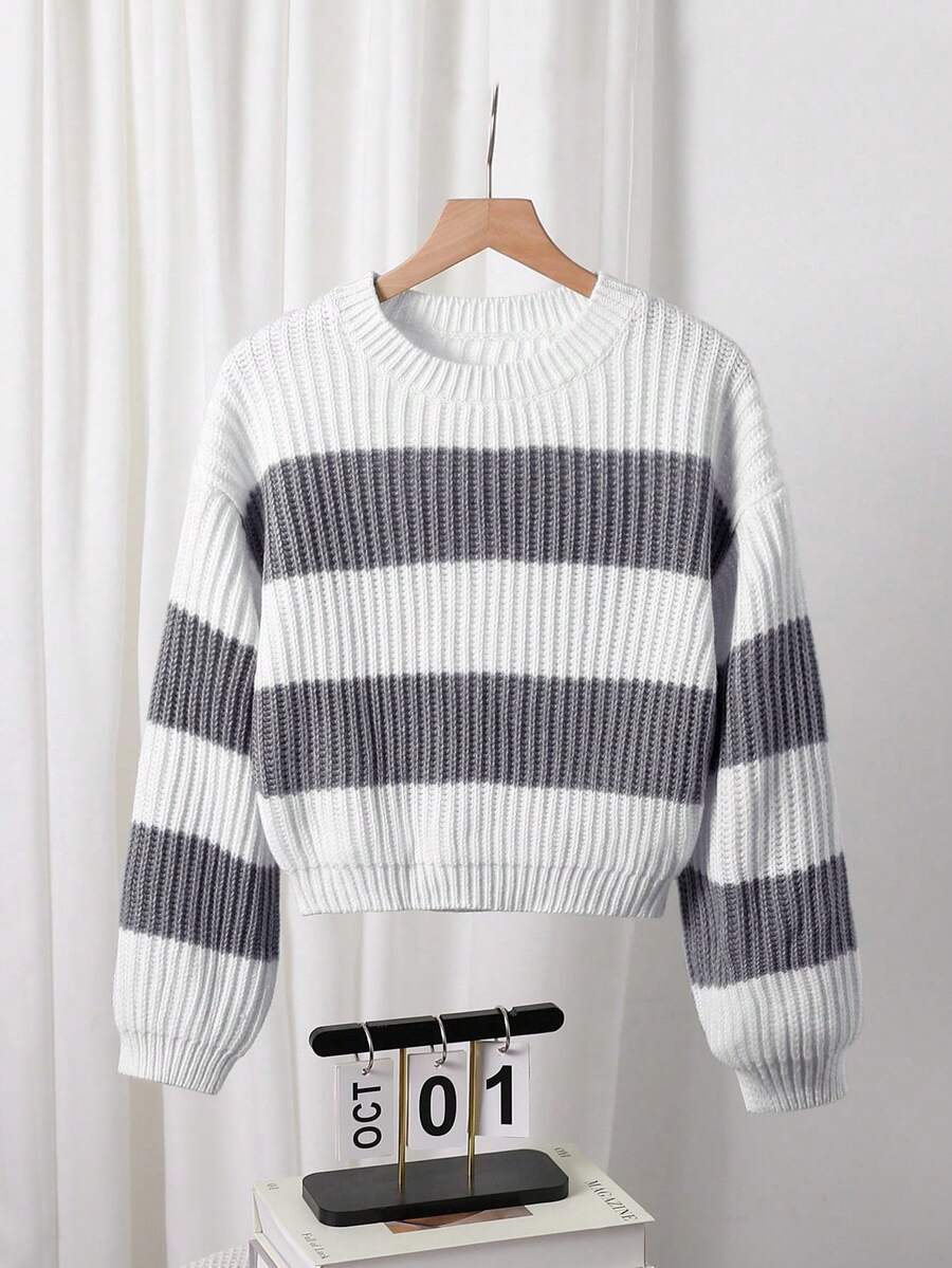 Sparklyn 青少年女孩条纹图案圆领休闲长袖套头毛衣 - 彩色 - 查看 1