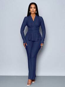 SOLERSUN 女士杏色优雅 V 领长袖 T 恤和阔腿裤两件套，不对称下摆两件套服装，休闲日常穿着，女士冬装 - 藍色 - 查看 7