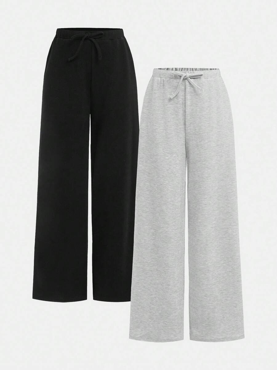 SHEIN Tween Girl Loose Casual Minimalist Versatile Wide Leg Ribbed Knit Solid Gray And Black 2 Color Drawstring Sweatpants 2pcs Clothes Set - Multicolor - View 1