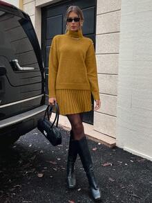 Lyxana Women's Solid Color Minimalist Turtleneck Long Sleeve Top And Mini Skirt 2-Piece Set - Yellow - View 6