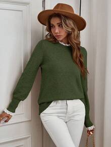 EMERY ROSE Suéter de cuello redondo de manga larga con volantes y contraste de color para mujer - Verde - Ver 5
