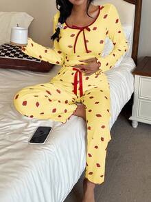 SHEIN Strawberry Print Long Sleeve Top & Pants Pajama Set, Fall Winter Clothes - Yellow - View 4