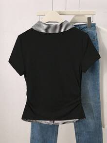Resyla 2249 条纹拼布休闲女短袖T恤 - 黑色 - 查看 2
