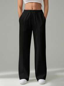 SHEIN Tall Women's Fall Pebble Detail Straight-Leg Sweatpants Baggy - Black - View 1