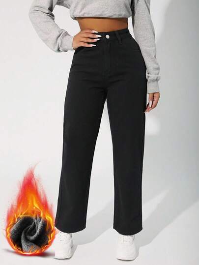 SHEIN PETITE 女式纯色休闲保暖牛仔裤