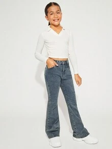 Radiana Tween Girls Y2K 潮流 2000 年代复古石洗牛仔喇叭腿牛仔裤，女孩秋装返校街头装 - 淺色水洗藍 - 查看 3