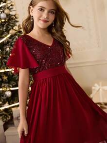 青少年女孩优雅亮片 V 领短袖不对称下摆修身连衣裙，适合晚会、婚礼、毕业典礼、圣诞节、万圣节等场合 - 酒紅色 - 查看 8
