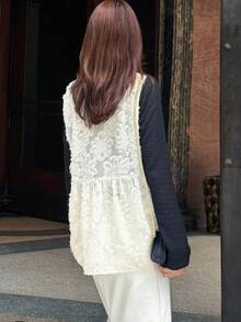 FRIFUL 女士V领纹理面料宽松无袖背心外套 白色网纱背心 白色蕾丝背心 叠层背心 白色泡泡袖背心 女式外套 - 米色 - 查看 6