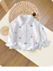SHEIN 女婴休闲百搭心形印花长袖衬衫