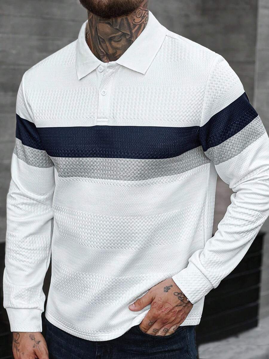 Manfinity CasualCool 男士长袖条纹 Polo 衫 拼布上衣 白色和灰色衬衫 男士 Old Money，秋季 - 白色 - 查看 1