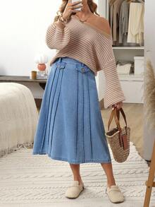 EMERY ROSE Women's Casual Washed Denim Skirt,New Romantic Pleated Denim Skirt For Autumn And Winter, Suitable For Dating And Daily Wear - Blue - View 6