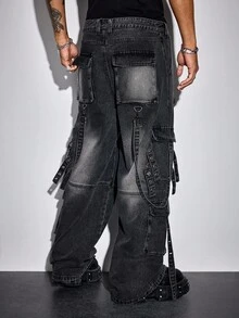 ROMWE MEN Street Life 男士休闲日常洗水做旧工装牛仔裤 - 黑色 - 查看 2