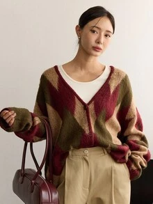 Dazy-Less 女士宽松休闲格子针织开衫，秋冬 - 棕色 - 查看 7