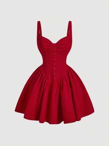 SHEIN 少女无袖褶皱胸围纽扣裹身荷叶边下摆红色连衣裙，连衣裙，新年服装，女士红色连衣裙，女士生日礼服，女士俱乐部服装，女士婚礼宾客礼服，返校，圣诞节 - 紅色 - 查看 8