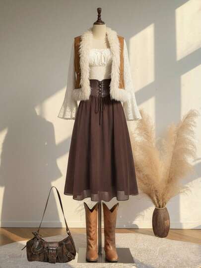 SHEIN MOD Plus Size Women Faux Suede Patchwork Furry Loose Studded Decor Long Jacket Western Clothing For Women,Autumn And Winter Matching, 70s, Retro Nomadism, Autumn And Winter Coats, Fake Fur Coats, Thick And Warm Sleeveless Coats Fall