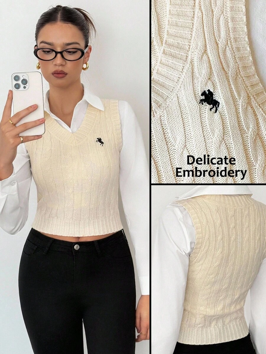 SHEIN Tall Women's Casual Fall Winter Cable Knit Sweater Vest Sweater Vest For Women Preppy Vest Cable Knit Vest,Tops For School In Fall/Winter