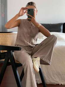 DAZY Women's Crew Neck Sleeveless Top And Loose Fit Pants 2 Pieces Set Lounge Sets For Women - Khaki - View 5