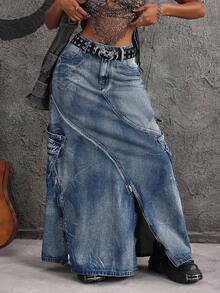 SHEIN EZwear 大码复古水洗牛仔裙 - 藍色 - 查看 6