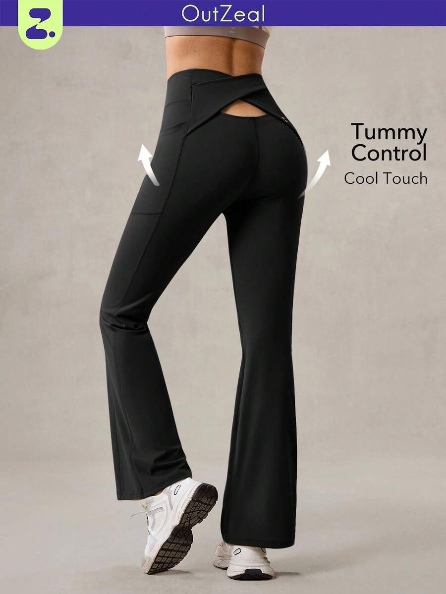 OutZeal 女式收腹防紫外线凉爽触感后背交叉腰喇叭裤日常休闲瑜伽运动裤 - 黑色 - 查看 1