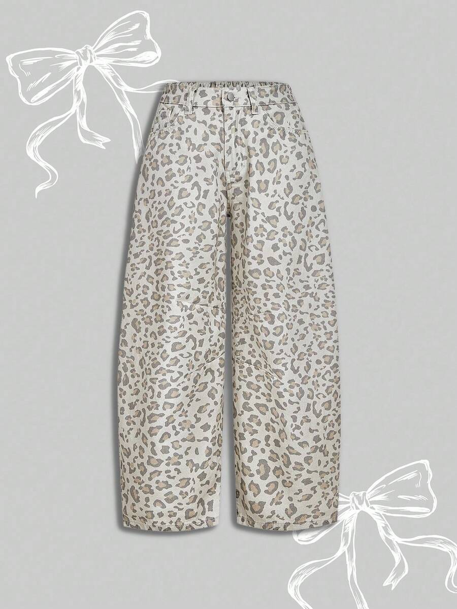 SHEIN PETITE 女式休闲街头豹纹宽松斜口袋牛仔裤 - 彩色 - 查看 1