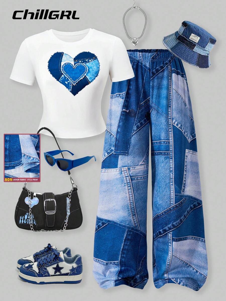 Teenager Mädchen Sommer Set mit Herz-Muster Patchwork T-Shirt & bedruckter Strick Weite Hose, 2-teiliges Lässig Set