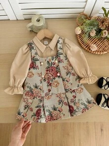 SHEIN Babygirl 优雅可爱卡其色长袖花卉印花衬衫裙套装 - 彩色 - 查看 6