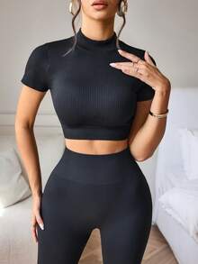 SHEIN Sports Backless Solid Color Short Sleeve Fitted Women's Sports Tees Black Yoga Outfit