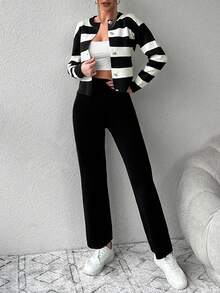 EURMUSE Striped Pattern Cardigan & Knit Pants - Black and White - View 4