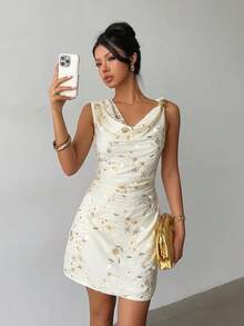 Siren Gaze Women's Autumn Fall Clothes For Women Cream Sequin Draped Neck Sleeveless Elegant Dress, 2025 New Winter Sparkly Beaded Gold Floral Party Prom Wedding Guest Dress, Old Money Luxury Style With Gold Metal Buckle, Ideal For Commute, Date & Streetwear Summer - Multicolor - View 5