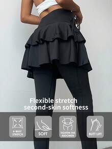 Fluxe Pantalones con falda deportiva de unicolor versátil y casual con volantes en el bajo - Negro - Ver 1