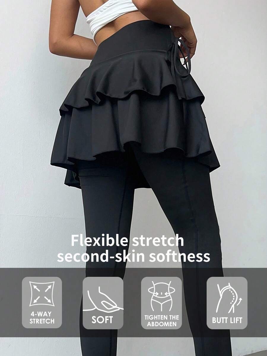 Fluxe Pantalones con falda deportiva de unicolor versátil y casual con volantes en el bajo - Negro - Ver 1