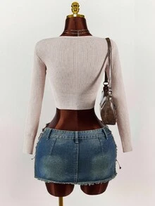 Amplova Cárdigan corto de punto acanalado, Tops de manga larga - Beis - Ver 3